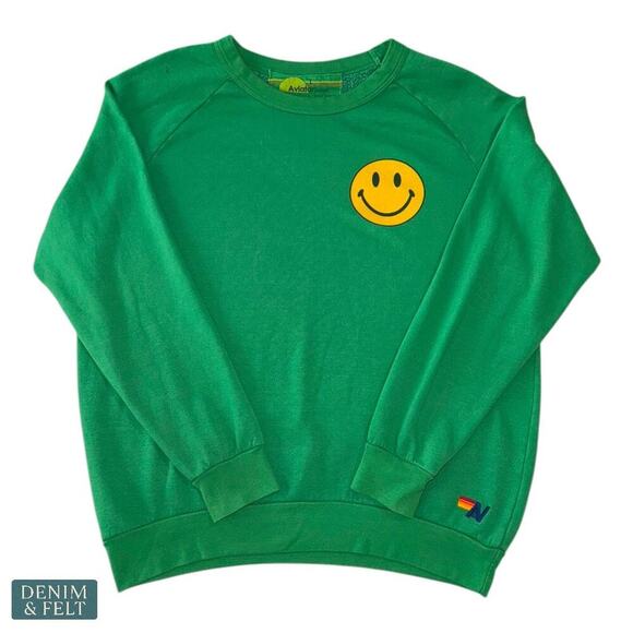 Aviator Nation Green Smiley Face Crewneck Sweatshirt Classic Logo Pullover - Picture 6 of 14